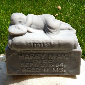 3D printed Baby sleeping or post mortem, grave marker! A duplicate of a real life headstone. MADE to ORDER.  Little Harry May. Died 1864.