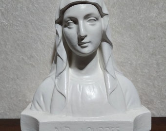 Haunting home decor. An antique bust of a shrouded Mary. N.D. Lourdes. Dark aesthetic. Chalkware.