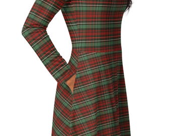 Plaid Long Sleeve Midi Dress With Pockets, Christmas Dress, Women's Holiday  Dress, Red Green Plaid Midi Dress, Plus Size Holiday