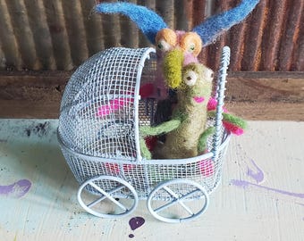 Miniature. Miniature furniture. Wire. baby carriage.  Baby buggy. Wire furniture. Doll house. Thewoodenwolf etsy shop