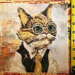 May include: A painting of a cat wearing a vest, bow tie, and round glasses. The cat has brown and white fur and is looking directly at the viewer. The background is a textured, abstract pattern.