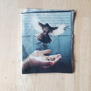 May include: A close-up of a hand holding out birdseed, with a bird in flight above the hand. The bird has white wings and a dark body. The background is a blue and white sky.