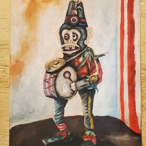 May include: A painting of a toy monkey dressed in a red and gold uniform, holding a drum and drumsticks. The monkey has a surprised expression on its face. The background is a yellow and white striped curtain.