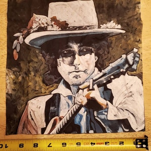 May include: A watercolor painting of a person wearing a white hat with a blue band and holding a guitar. The person is wearing a white shirt with a blue collar and a blue tie. The background is a dark green and brown.