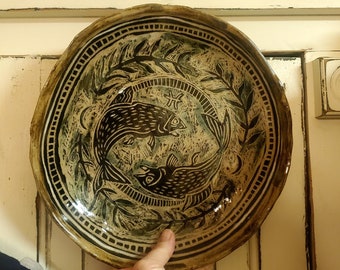 Ceramic plate. Sgraffitto. Fish. Ceramic. Handmade plate. Platter. Thewoodenwolf etsy shop