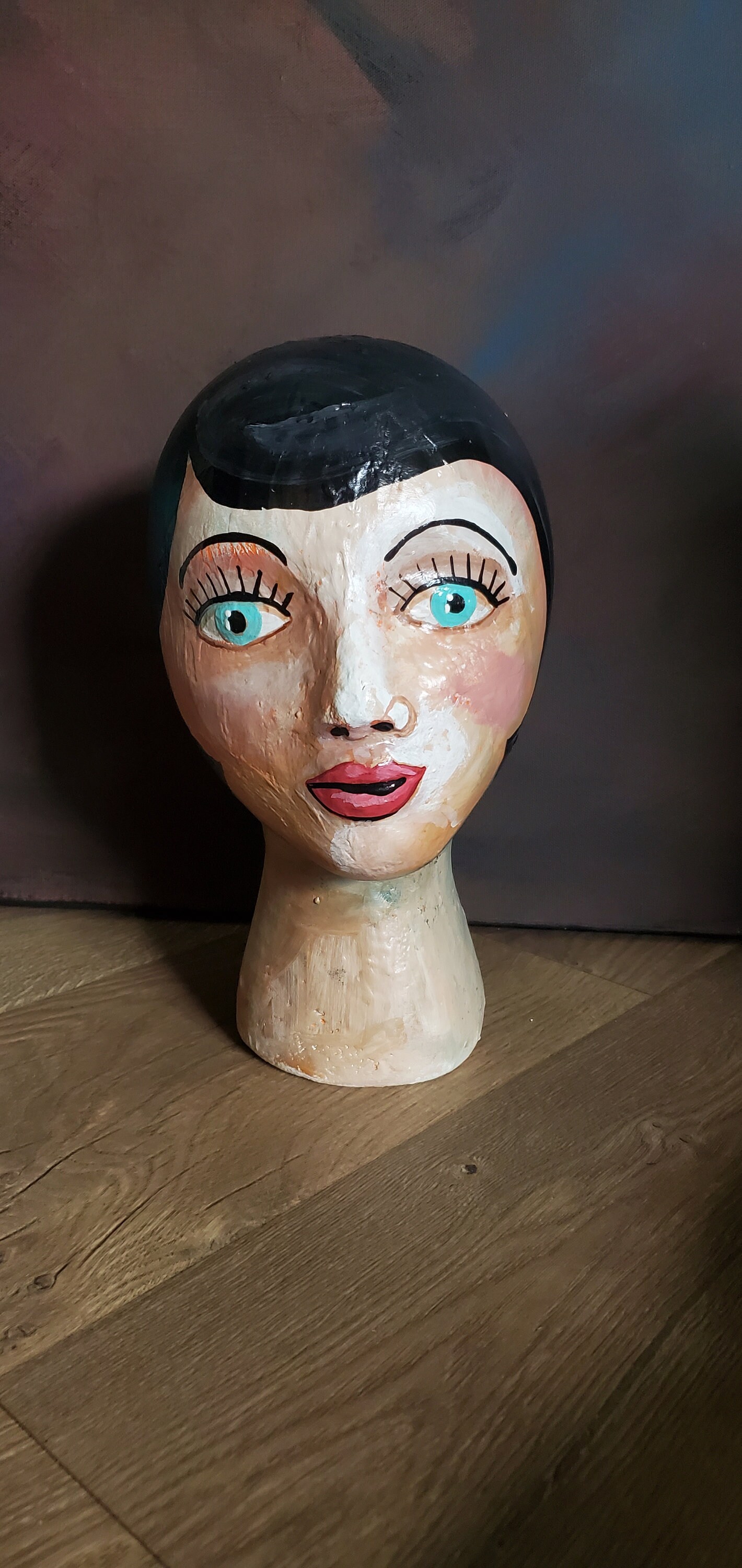 styrofoam head I painted --love the vintage hat on her (:)