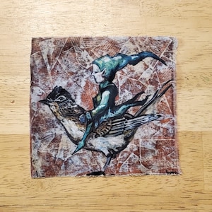 May include: A green and blue fairy riding a brown and white bird with a brown, white, and blue background.