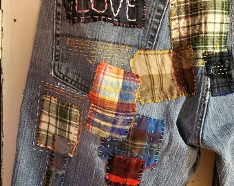 Womens clothing. Upcycled clothing. Patchwork jeans. Thewoodenwolf etsy shop