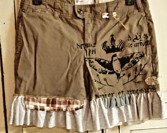 Women&#39;s clothing. Upcycled clothing. Size 10. Khaki shorts. Patch jeans.  Thewoodenwolf etsy shop