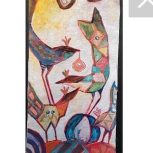 May include: A colorful abstract painting featuring five stylized birds with long legs and geometric patterns. The birds are interacting with each other and a round, blue object. The background is a light yellow with hints of orange and red.