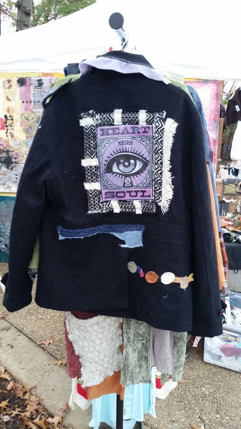wearabl Upcycled Sale Sobe Reduced price Clothing Rock and roll Winter jacket Best seller Black pea coat Retro Vintage Bohemian