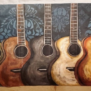 May include: A painting of seven acoustic guitars lined up against a blue and white patterned background. The guitars are painted in various shades of brown, black, and white.