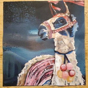 May include: A painting of a llama wearing a pink and red harness with a blue background. The llama has a white face and body with pink and red accents. The llama is wearing a blue and black collar with pink and red balls hanging from it.