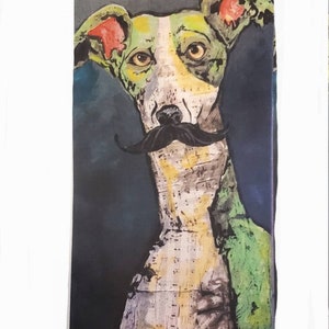 May include: A painting of a dog with a green and yellow patterned body, red ears, and a black mustache. The dog is looking directly at the viewer with a serious expression. The background is a dark blue.