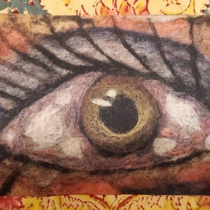 Patch. Clothing patch. Eye. Photograph of my handmade needle felted eye printed on fabric. Thewoodenwolf etsy shop