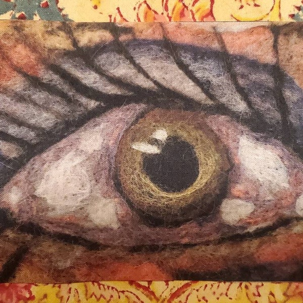 Patch. Clothing patch. Eye. Photograph of my handmade needle felted eye printed on fabric. Thewoodenwolf etsy shop