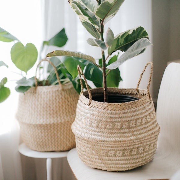 Buikmand, opvouwbare mand, zeegrasmand, geweven mand, geweven plantenbak, plantenmand, plantenbak, kamerplanter, boho plantenbak