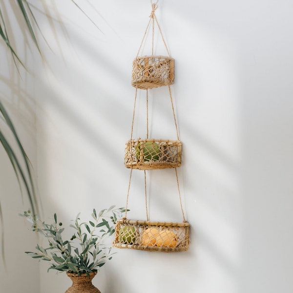 SALE! 3 tier hanging basket| Hanging woven baskets| Set of 3 hanging baskets| Fruit hanging basket| Wall hanging baskets decor| rattan shelf