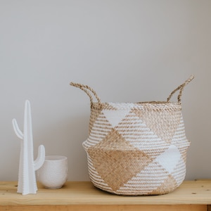 Large White Patterned Basket, seagrass belly basket, boho basket planter, modern planter, foldable basket, indoor planter, woven planter pot image 1