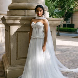 Two piece basque waist corset bodice  bustier and  pleated tulle skirt with long scarf wedding dress, Drop waist bridal corset separate