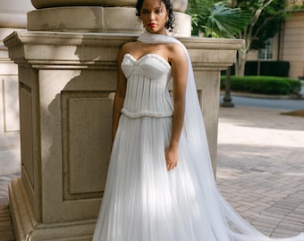 Two piece basque waist corset bodice  bustier and  pleated tulle skirt with long scarf wedding dress, Drop waist bridal corset separate