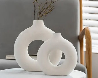 Set mit 2 Donut-Vasen, schwarze Vasen, Keramikvasen-Set, weiße moderne Vase, modernes Vasen-Set, Vasen-Set, minimale Keramikvase