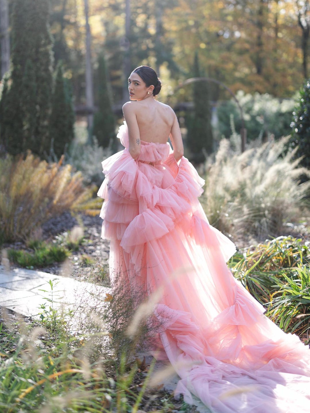 Sleeveless Gown With Ruffles Mini Tulle Cape main image 1