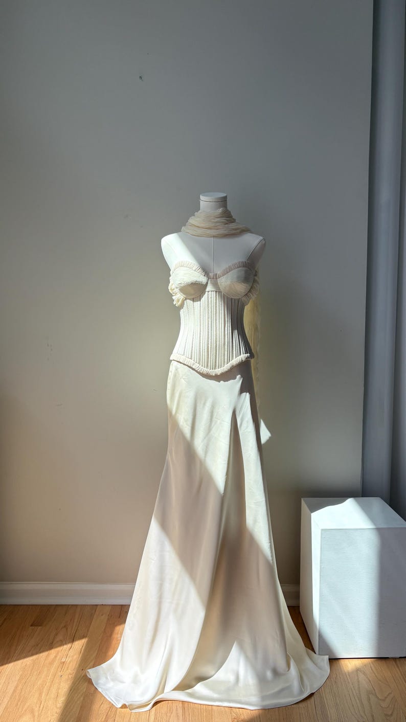 Ivory Basque Ivory Basque Waist Bustier Wedding Corset With Overlayed Scarf and Silk ...