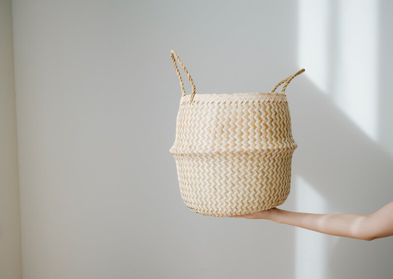 Large White Patterned Basket, seagrass belly basket, boho basket planter, modern planter, foldable basket, indoor planter, woven planter pot image 5