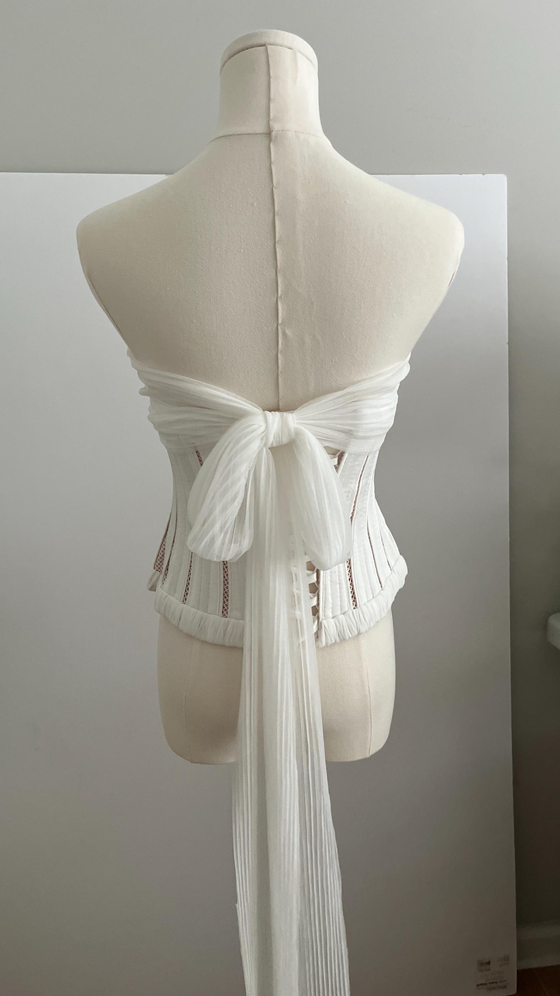 Two piece basque waist corset bodice bustier and pleated tulle skirt with long scarf wedding dress, Drop waist bridal corset separate image 6