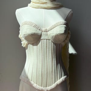 Ivory basque waist bustier wedding corset with overlayed scarf and silk satin bridal maxi skirt, Silk satin bridal corset reception gown