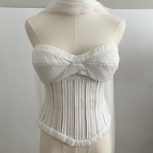 Two piece basque waist corset bodice bustier and pleated tulle skirt with long scarf wedding dress, Drop waist bridal corset separate image 5
