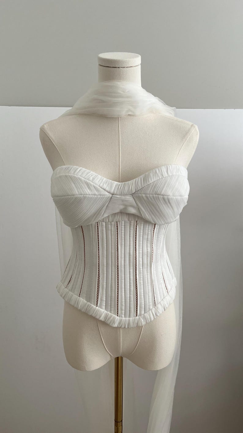 Two piece basque waist corset bodice bustier and pleated tulle skirt with long scarf wedding dress, Drop waist bridal corset separate image 5
