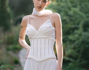 Baskische Taille Hochzeit Korsett, Frankel Danielle Anika Dupe inspirierte Hochzeit Bustier, Tropfen Taille Brautkorsett Hochzeitskleid, Brautschal