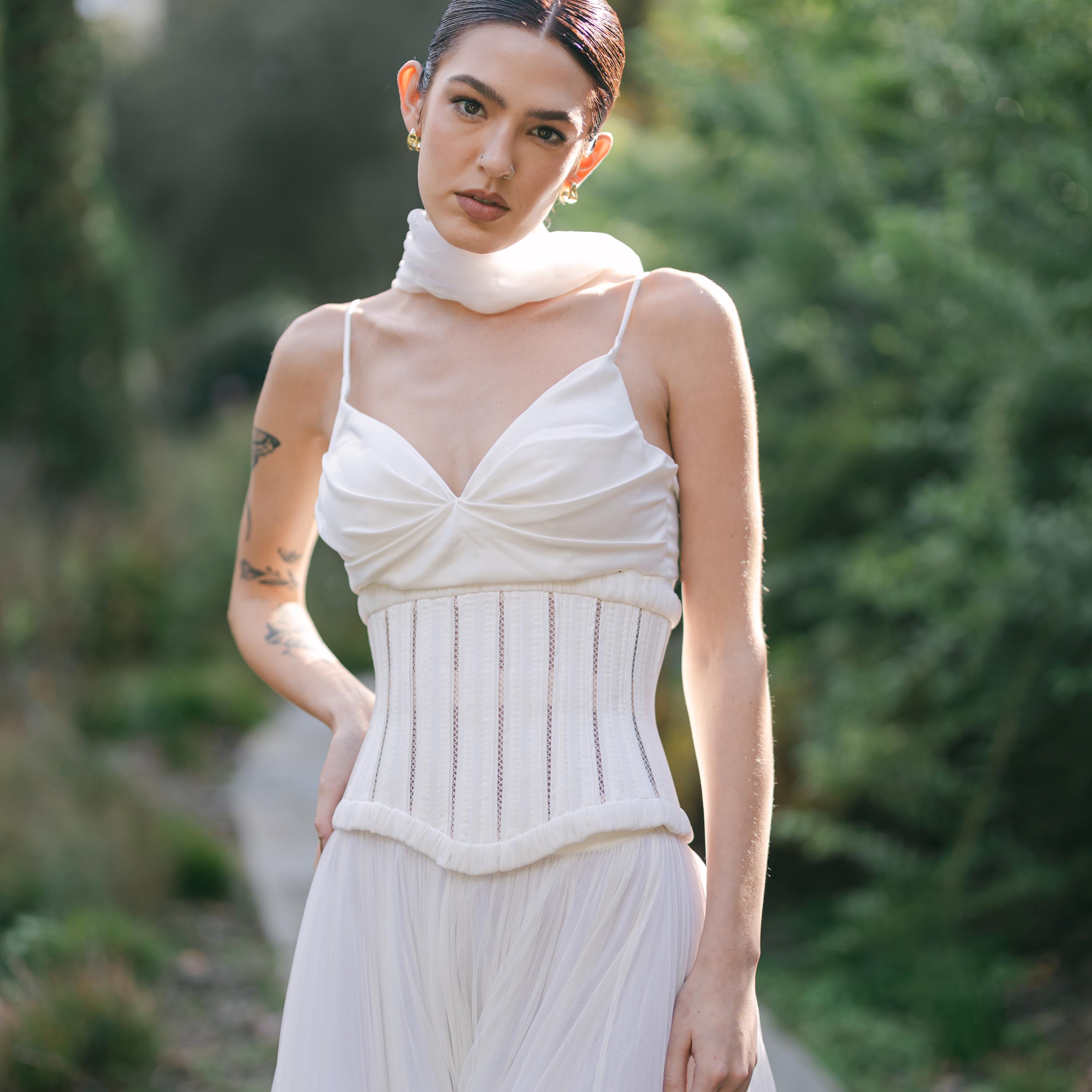 Basque waist wedding corset, Frankel Danielle Anika dupe inspired wedding bustier, Drop waist bridal corset wedding dress, bridal scarf