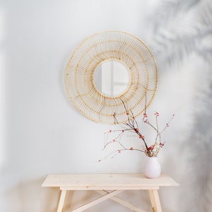 Large mirror wall art, round rattan mirror, Natural rattan mirror, Circular mirror wall decor, Boho wall mirror, Rustic rattan mirror
