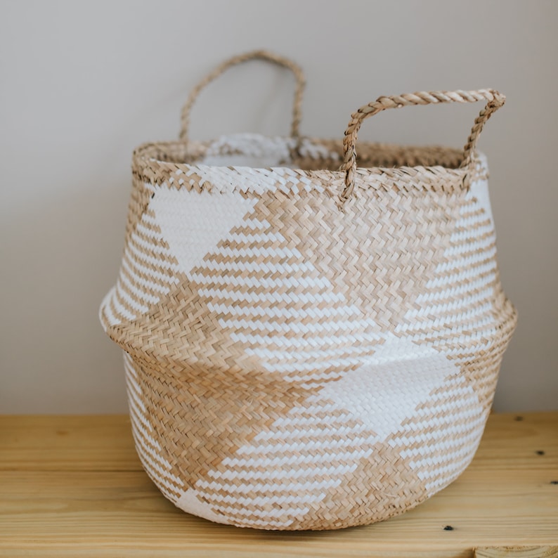 Large White Patterned Basket, seagrass belly basket, boho basket planter, modern planter, foldable basket, indoor planter, woven planter pot image 3