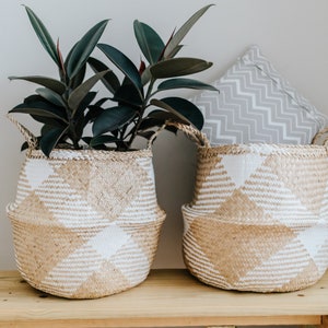 Large White Patterned Basket, seagrass belly basket, boho basket planter, modern planter, foldable basket, indoor planter, woven planter pot image 4