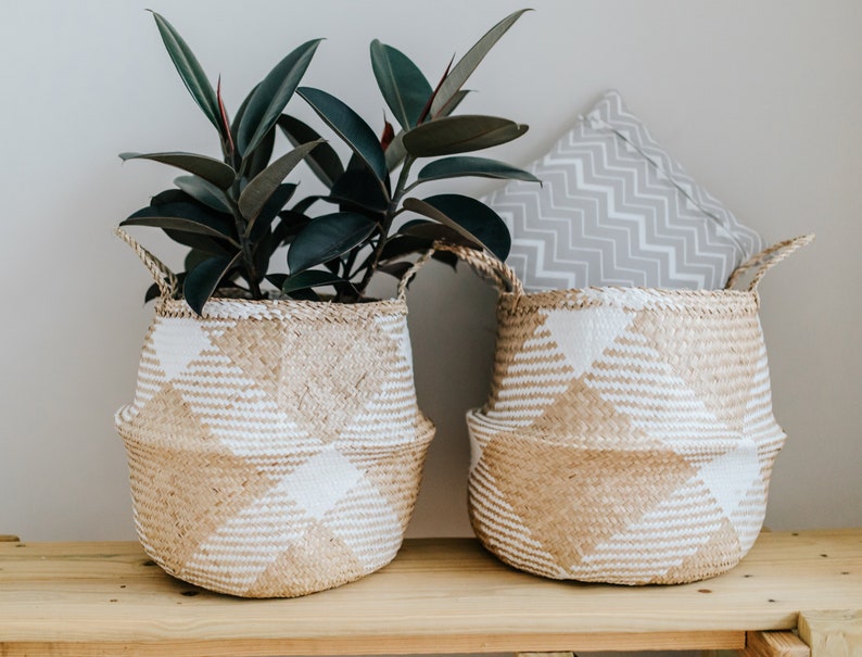 Large White Patterned Basket, seagrass belly basket, boho basket planter, modern planter, foldable basket, indoor planter, woven planter pot image 4