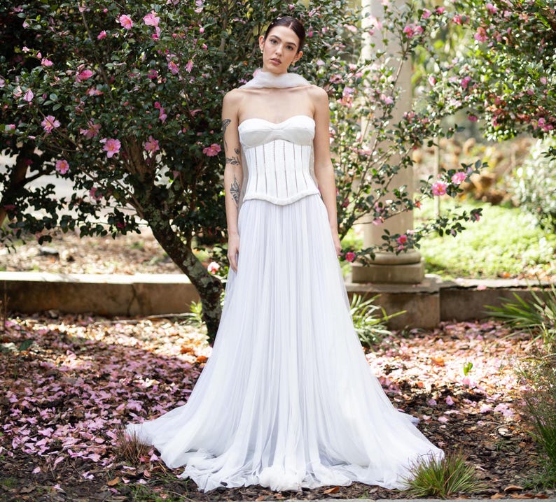 Danielle Frankel Anika Dupe corset bodice wedding dress with scarf