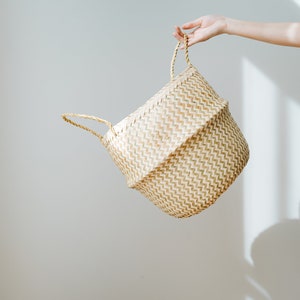 Large White Patterned Basket, seagrass belly basket, boho basket planter, modern planter, foldable basket, indoor planter, woven planter pot image 6