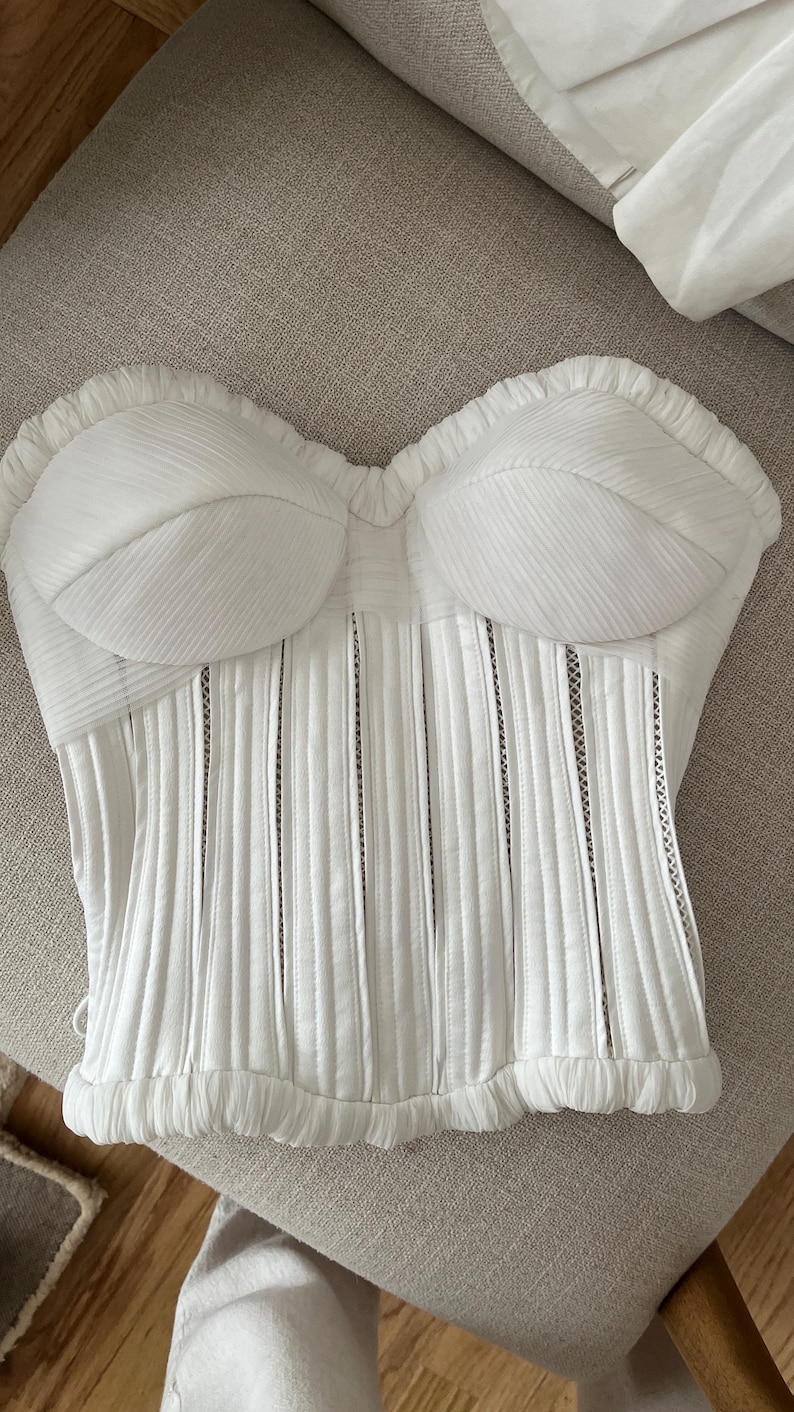 Two piece basque waist corset bodice bustier and pleated tulle skirt with long scarf wedding dress, Drop waist bridal corset separate image 7