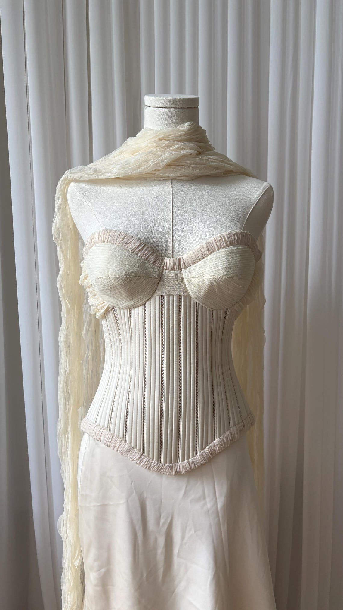 Ivory Basque Waist Bustier Wedding Corset With Overlayed Scarf and Silk ...