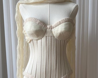 Ivory basque waist bustier wedding corset with overlayed scarf and silk satin bridal maxi skirt, Silk satin bridal corset reception gown