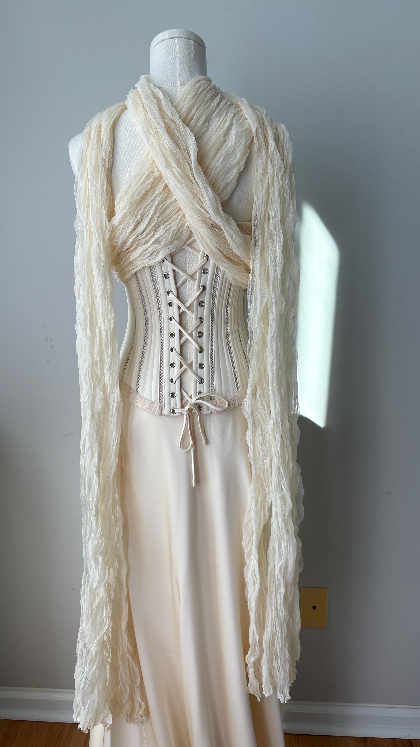 Ivory Basque Ivory Basque Waist Bustier Wedding Corset With Overlayed Scarf and Silk ...