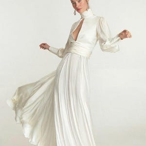 Long bishop sleeve turtleneck satin wedding dress with long train and split front, minimal silk wedding dress, short reception bridal dress