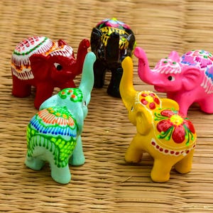 Hand-Painted Resin Elephant Figurines - Set of 5 - Thai Good Luck Charms