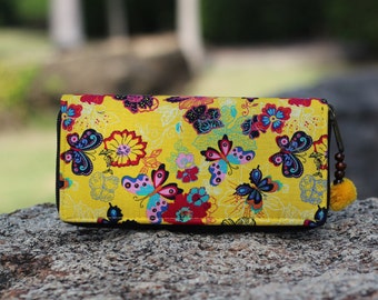 Portemonnee vrouwen, kleurrijke vlinders, bedrukt katoen, schattige veganistische portemonnee, telefoon clutch portemonnee, zomerstof portemonnee, lerarengeschenken