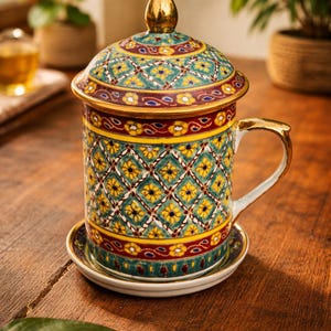 Caneca de café tailandesa Benjarong pintada à mão com tampa: porcelana Royal Gold, cerâmica da Tailândia