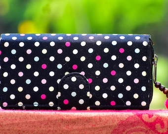 Portemonnee met polsbandje voor creditcardhouder. Portemonnee met stippen, katoenen clutch portemonnee, handgemaakte veganistische portemonnee, reisportemonnee, unieke cadeaus voor haar